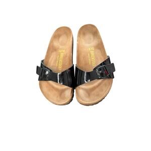 Birkenstock Madrid Sandals Black Patent Leather Casual Leather Cork Heel Size 37